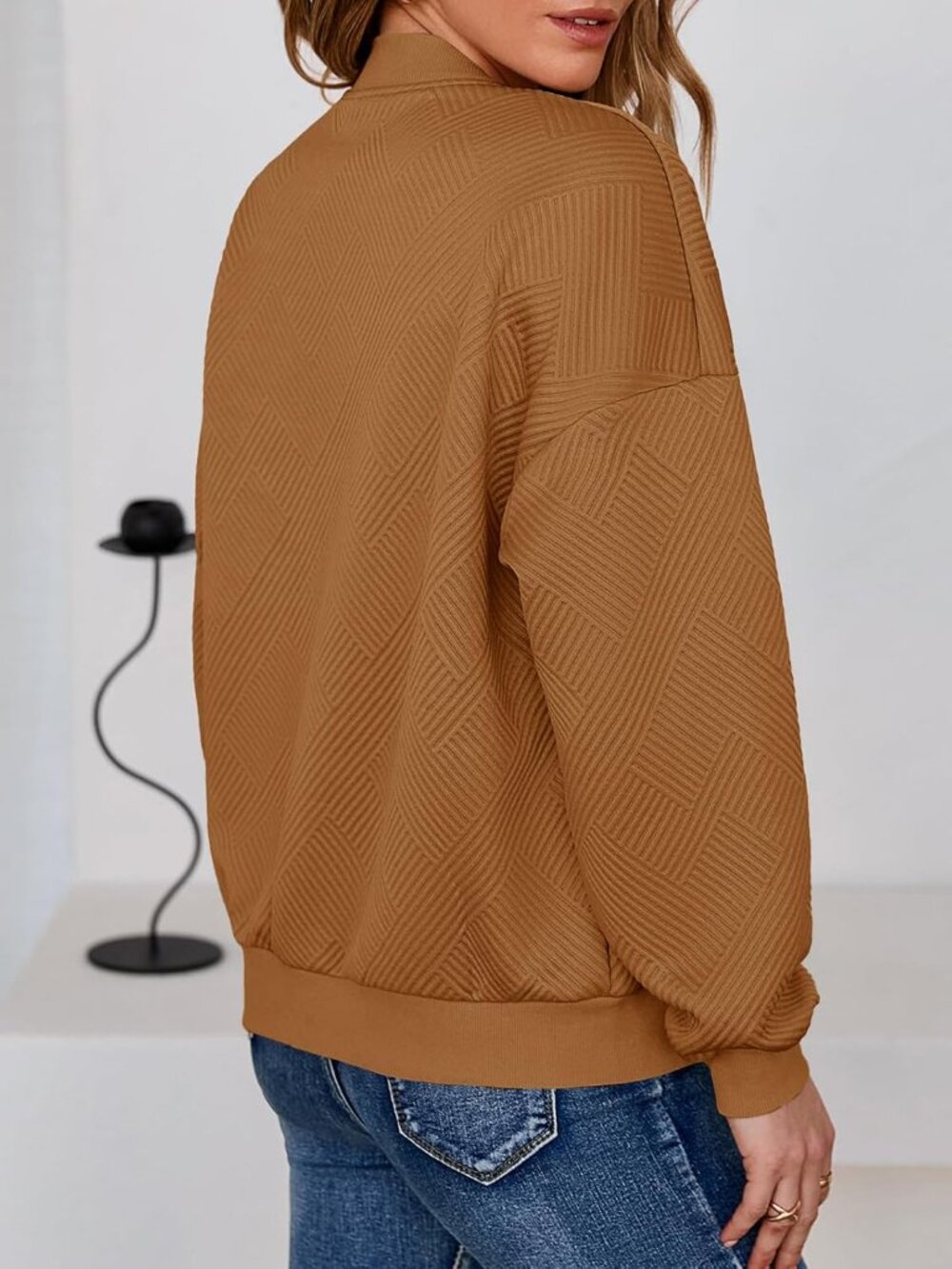 Women's Brown Bomber Jacket Trendy Casual Lightweight Zip Up Jacket with Pockets - Picture 3 of 6